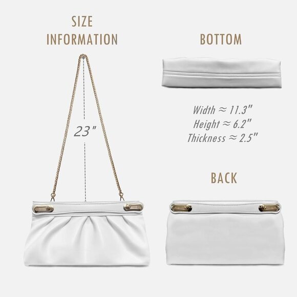 White Vegan Leather Clutch Purse with Telescoping Handle, Elegant Pleats, Detach - Picture 3 of 6